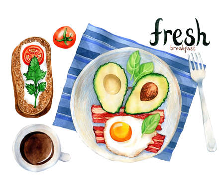 Watercolor illustration of a breakfast meal: scrambled eggs, avocado, bacon and coffee. Hand drawn illustration.の写真素材