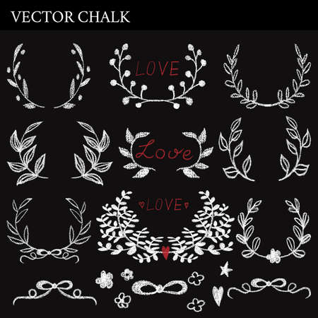 Hand Drawn Chalk Frames with leaves and berries. Vector set for wedding invitations, save the date cards and other designs.のイラスト素材