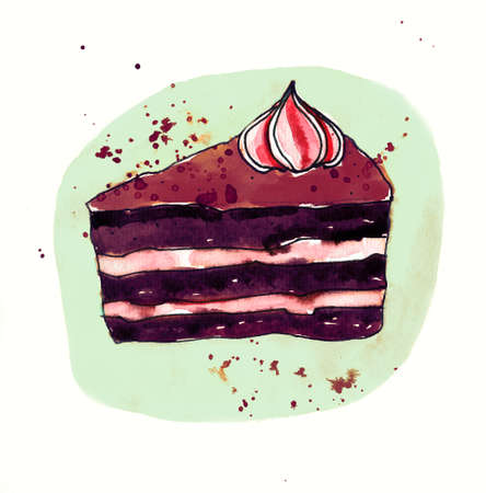 Layered chocolate cherry cake with pink topper. Sketch style watercolor illustration isolated on white backgroundの写真素材