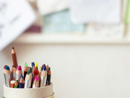 group of multicolored pencils on blank backgroundの写真素材