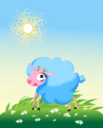 Summer sunny meadow landscape with cartoon sheepの写真素材