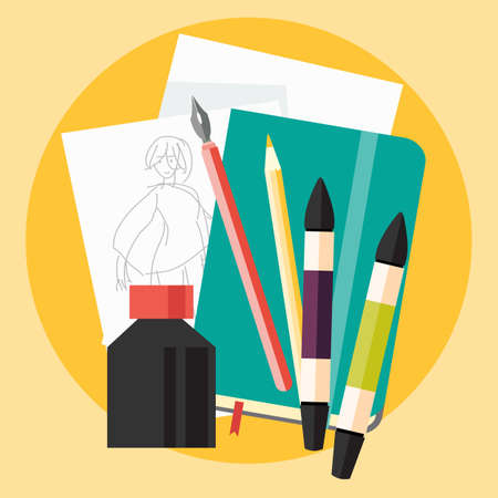 Art sketch with ink and markers flat icon.のイラスト素材