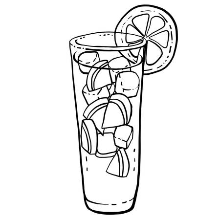 Lemonade glass with slice of lemons and ice cubes. Black and white hand drawn vector illustration.のイラスト素材
