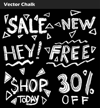 Vector set of hand drawn doodle sale lettering, typography, frames, bubbles written on chalkboard background. Black and white grunge vector illustration.のイラスト素材