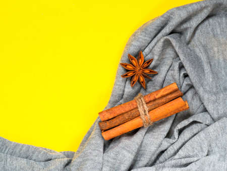 Cinnamon sticks and anise star and a warm scarf on bright yellow background. Seasonal holiday relaxation and lifestyle concept.の写真素材
