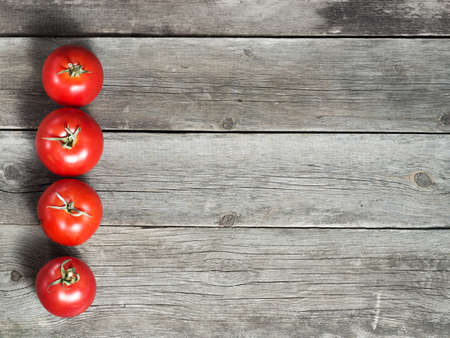 Row of red ripe tomatoes on rustic weathered wooden table. Harvest of Organic vegetables .の写真素材