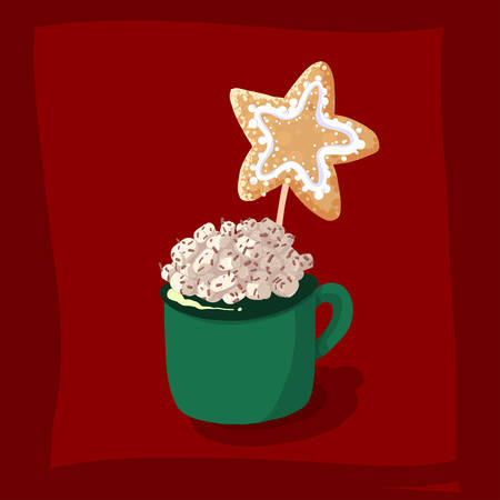 Green cup of hot chocolate with marshmallows. Winter dessert beverage with star cookie. Vector illustration cartoon flat icon isolated on white.のイラスト素材