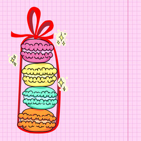 Stack of bright macarons with red ribbon and bow. Colorful macaroon almond cakes isolated. Macaron biscuits dessert. Vector illustration in doodle style.のイラスト素材