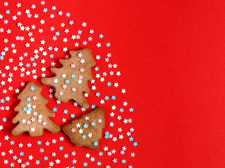 Gingerbread christmas trees cookie decorated with mastic star icing on bright red background....