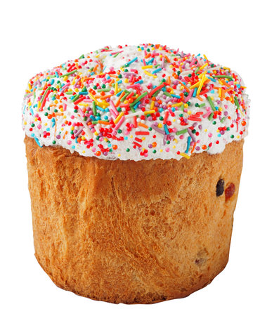 Traditional Russian Easter Cake. Kulich isolated on white background.