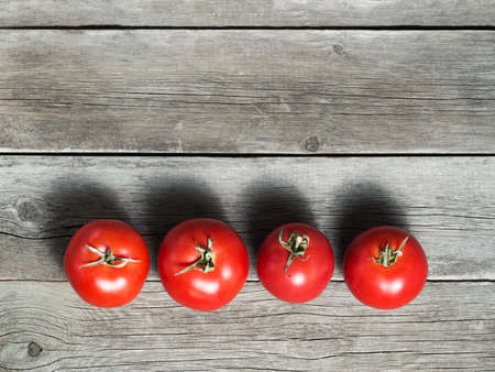 Row of red ripe tomatoes on rustic weathered wooden table. Harvest of Organic vegetables .の写真素材