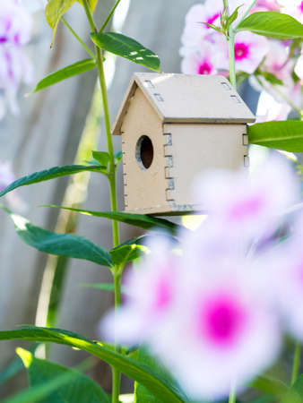 Cute wooden toy bird house in the blooming white pink phlox flowers against the green background. Summer season concept, of family, cozy living, loving home.の写真素材