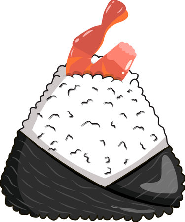Vector illustration of a traditional Japanese Onigiri rice ball with a shrimp Ebi topping wrapped in Nori seaweed. Perfect for Asian cuisine menus or food packaging design.のイラスト素材