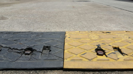 Close up old rubber speed bump with concrete road.