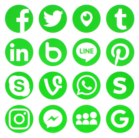 Kiev, Ukraine - JULY 2, 2018: Popular social media icons such as: Twitter, pinterest, LinkedIn and...