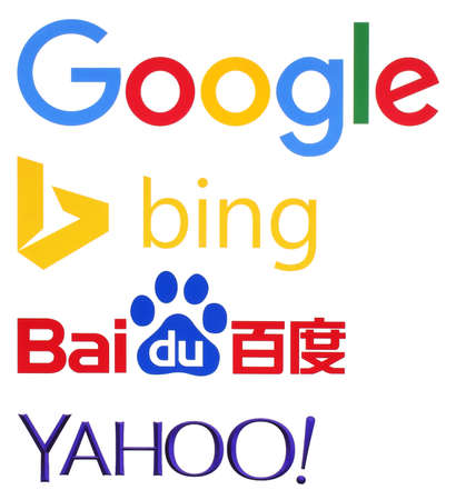 KIEV, UKRAINE - November 06, 2017: Collection of popular search engines logos printed on paper: Google, bing, baidu, yahooのeditorial素材