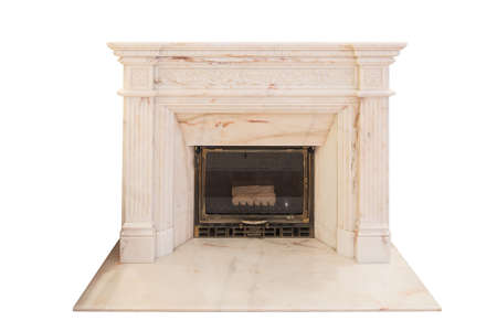 Modern fireplace of pink  stone isolated on a white backgroundの写真素材