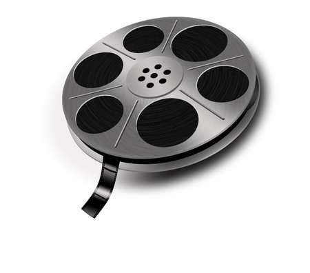 Old film reel with film on white backgroundの写真素材