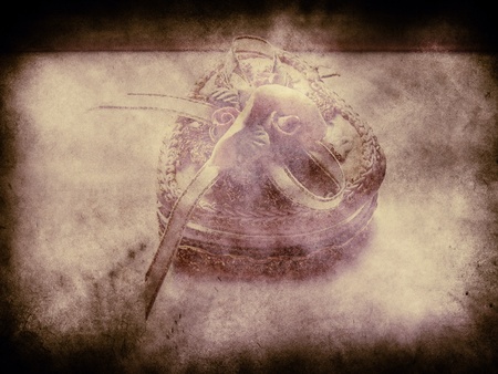 Heart shaped box with bow grunge backgroundの写真素材