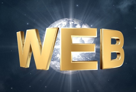 3d gold Web word, internet symbol and space background.の写真素材
