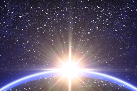 Big star and planet in the starry space.