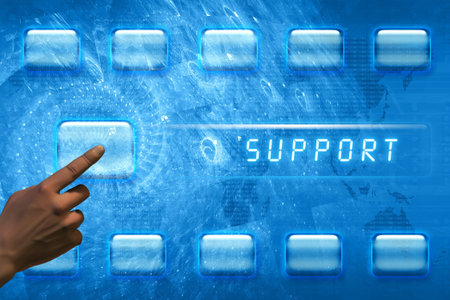 Hand pushing a support button on a touch screen interface