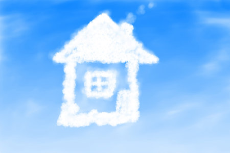 Illustration of small house from clouds backgroundの写真素材