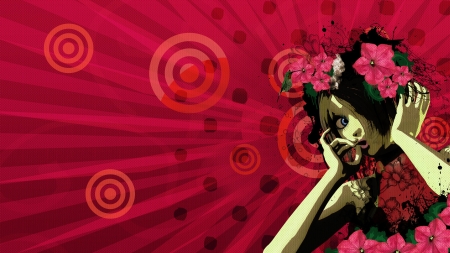 Abstract retro illustration of girl with flowers on red background の写真素材