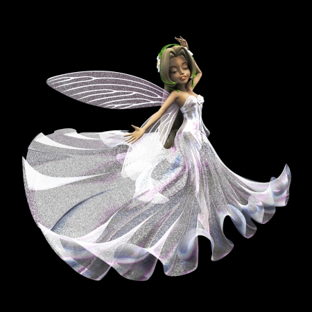 3d render of cute fairy in white glittering dress on black の写真素材