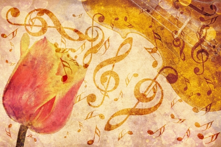 Vintage grunge background with tulip and music notes の写真素材