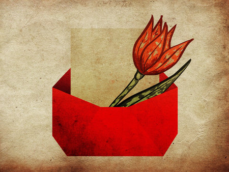 Illustration of red tulip in envelope with paper background.