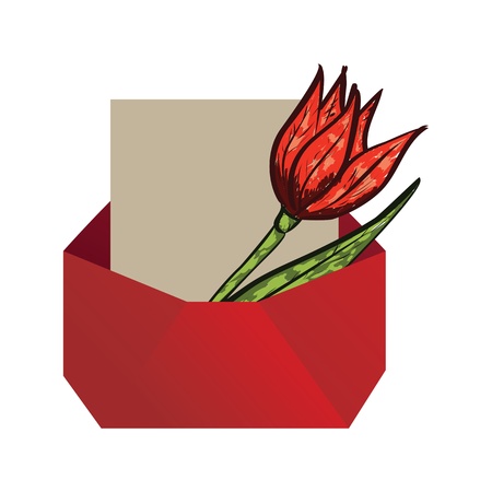 Illustration of red tulip in envelope with paper background.のイラスト素材