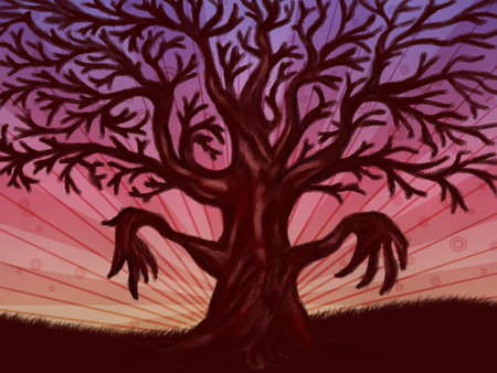 Abstract digital illustration of big leafless fantasy tree.
