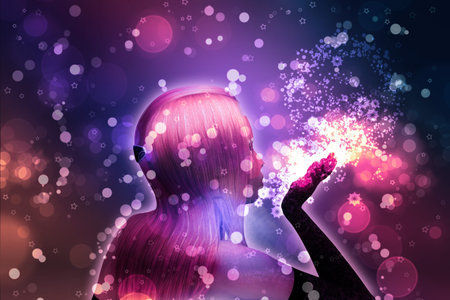 Illustration of beautiful girl blows snowflakes on colorful holiday background.