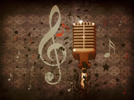 Illustration of abstract grunge retro musical background with microphone.の写真素材