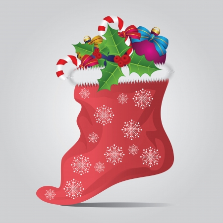 Illustration of red christmas sock with snowflake on gray background.のイラスト素材