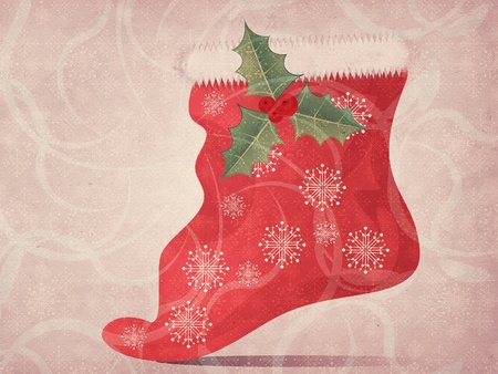 Illustration of grunge red christmas sock with snowflake background.の写真素材