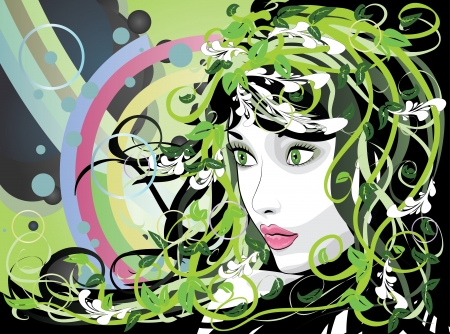 Illustration of spring girl portrait with green florals.のイラスト素材