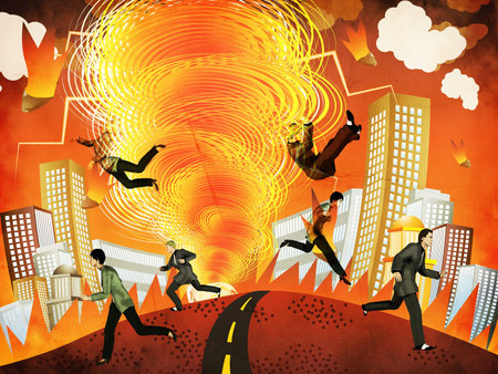 Illustration of people pulled into a fire tornado background.