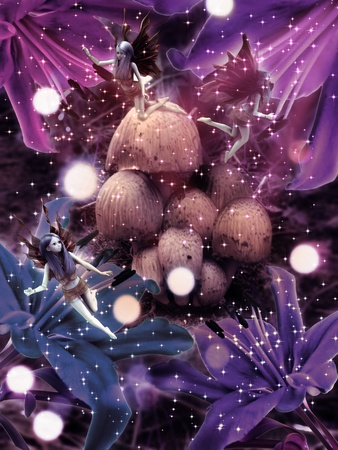 Illustration of colorful fantasy mushrooms at night with flowers and fairies.の写真素材