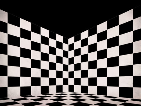 Illustration of grunge black and white checker room background.