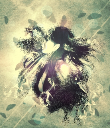 Illustration of a girl with black ravens grunge background.の写真素材