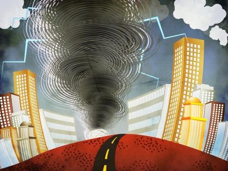 Illustration of big tornado with lightnings in the city grunge background.の写真素材