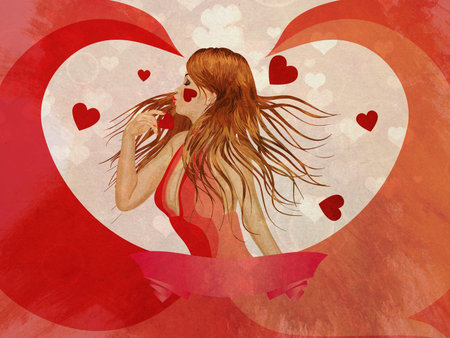 Illustration of a beautiful girl in long red dress grunge background.の写真素材