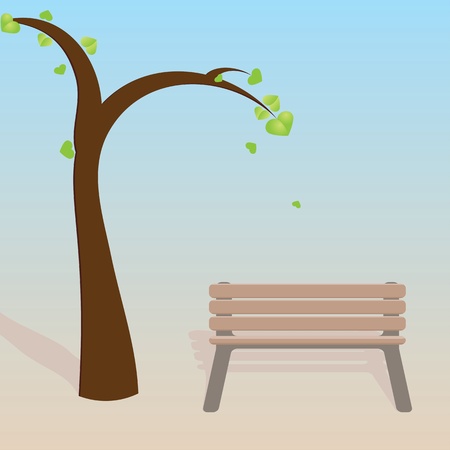 Illustration of abstract tree with bench over blue sky background.のイラスト素材