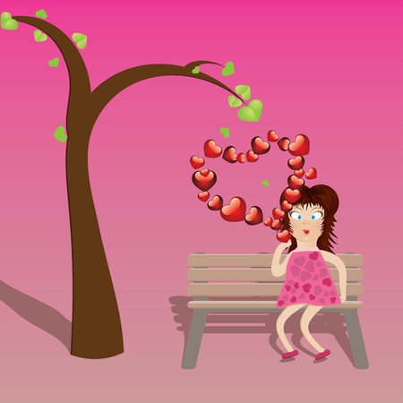 Cartoon girl in pink dress on bench with red heart shaped bubbles.のイラスト素材