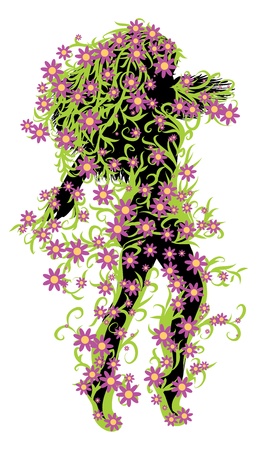 Illustration of female silhouette with green floral and pink flowers.のイラスト素材