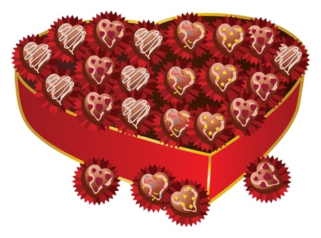 Illustration of opened red heart shape gift with chocolates for Valentine's Day.のイラスト素材