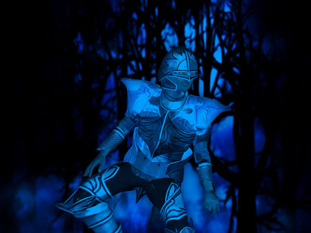 Illustration of a 3d knight in the dark haunted forest.の写真素材