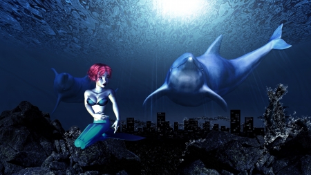Illustration of friendly dolphins and mermaid, sealife underwater scene.の写真素材